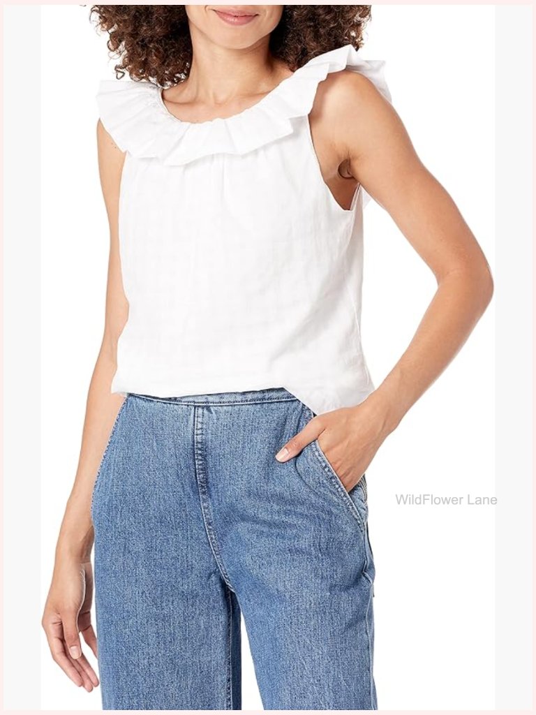 Sleeveless Mock Neck Tank Top With Cinched Neck - White Cotton Blend